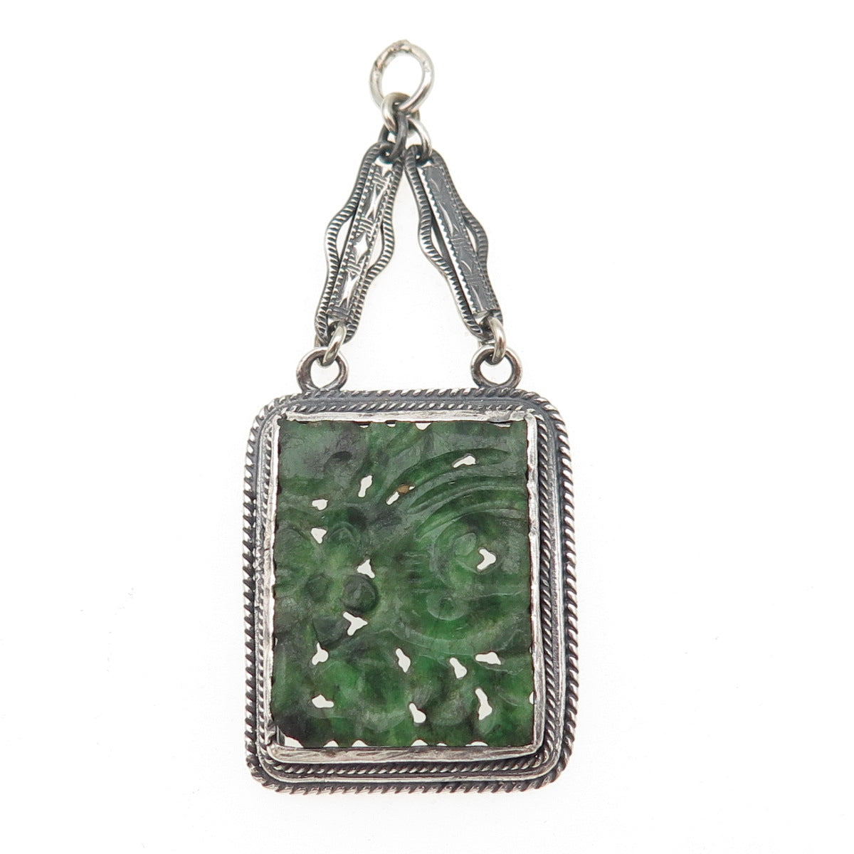 925 Sterling Silver Antique Art Deco Real Jade Carved Floral Chatelaine Pendant