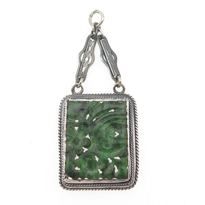 925 Sterling Silver Antique Art Deco Real Jade Carved Floral Chatelaine Pendant