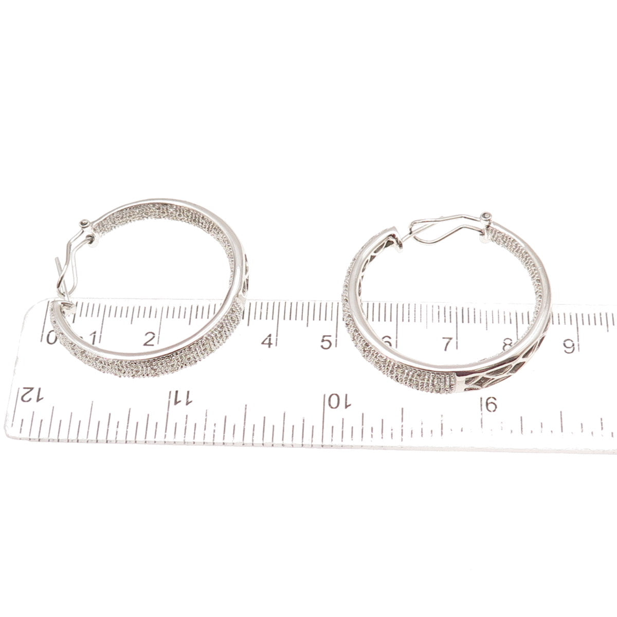 925 Sterling Silver Real Round-Cut Diamond In & Out Hoop Earrings