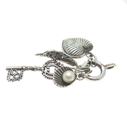 925 Sterling Silver Antique Real Pearl Heart Key Seashell & Calla Flower Pendant