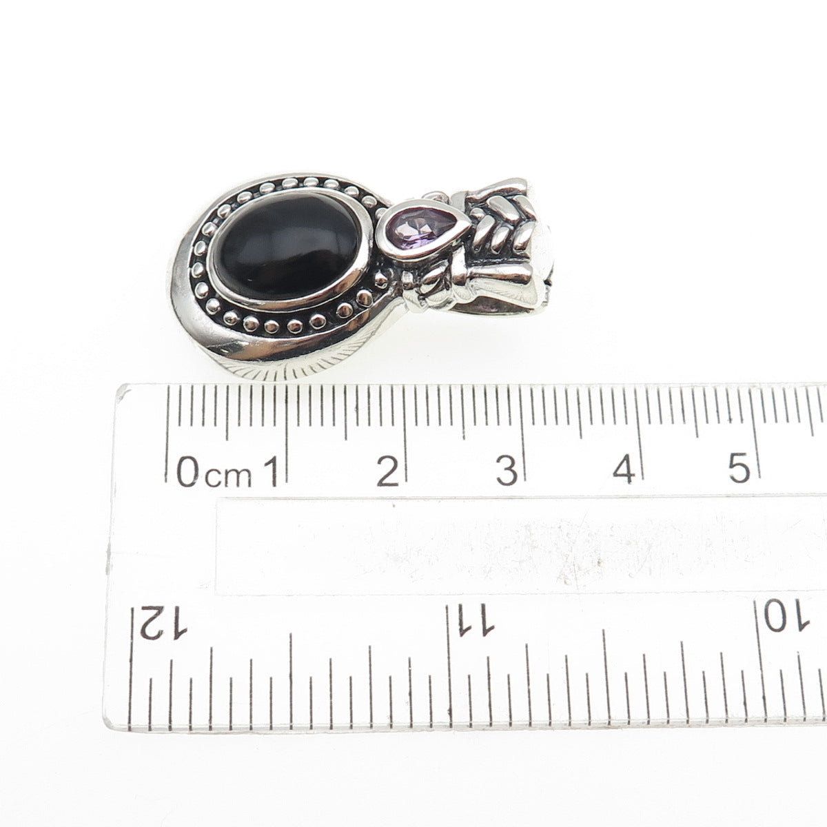 925 Sterling Silver Vintage Real Black Onyx & Amethyst Oxidized Charm Pendant