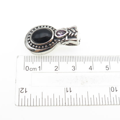 925 Sterling Silver Vintage Real Black Onyx & Amethyst Oxidized Charm Pendant
