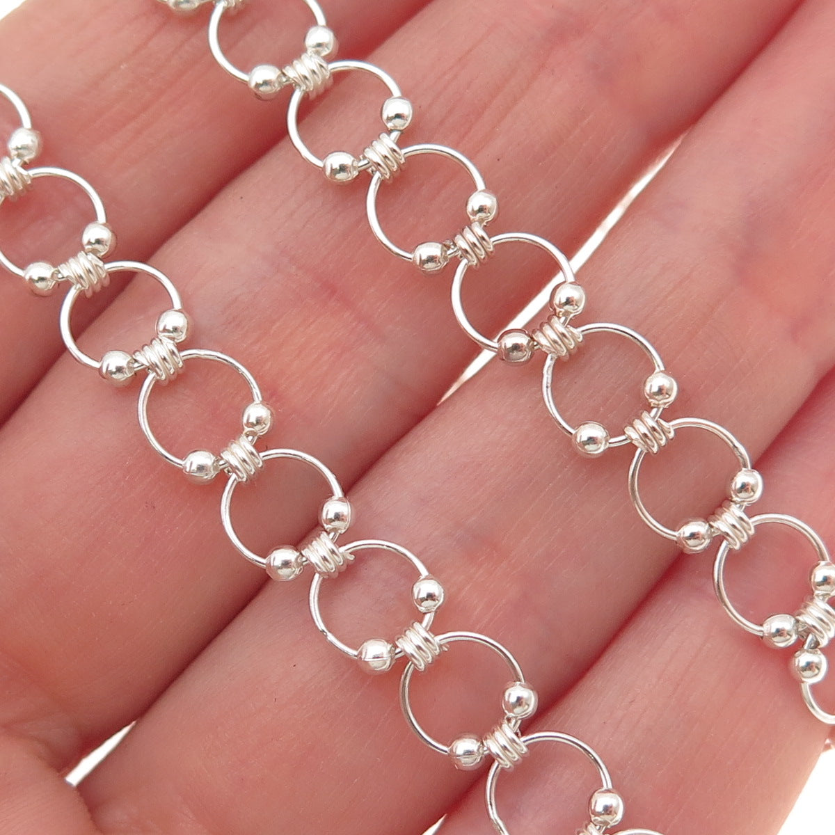 925 Sterling Silver Vintage Beaded Circle Chain Necklace 12-16"