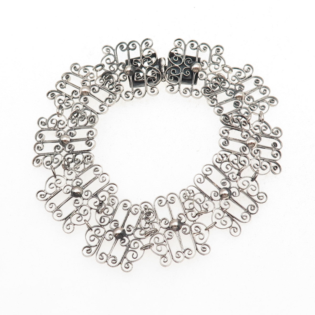 835 Silver Antique Art Deco Floral Filigree Panel Link Oxidized Bracelet 7.25"