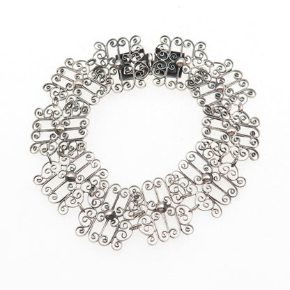 835 Silver Antique Art Deco Floral Filigree Panel Link Oxidized Bracelet 7.25"