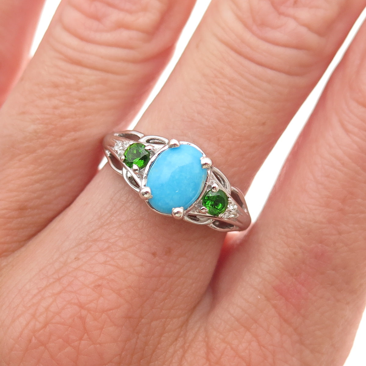 Chuck Clemency 925 Sterling Turquoise White Topaz & Chrome Diopside Ring Size 7