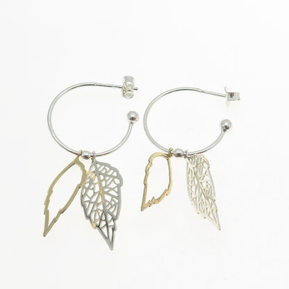 925 Sterling Silver 2-Tone Floral Leaf Dangle Charm Hoop Earrings