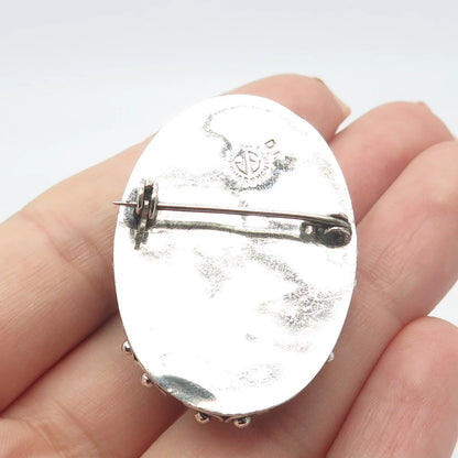 925 Sterling Silver Antique Mexico Real Green Onyx Gem Oval Locket Pin Brooch
