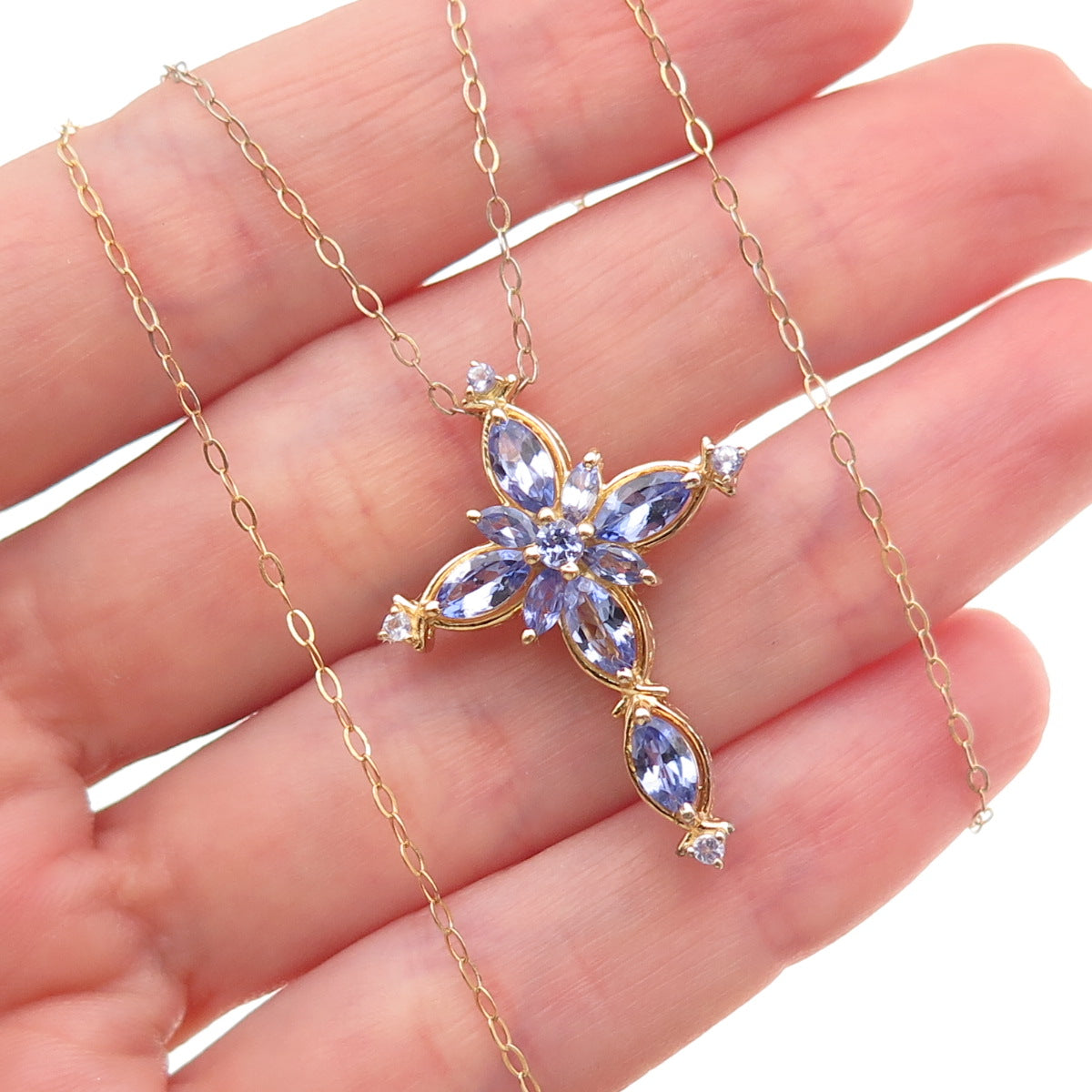 Chuck Clemency 925 Sterling Gold Plated Real Tanzanite Cross Chain Necklace 20"