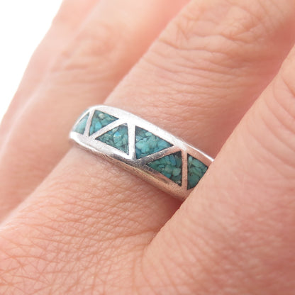 SILVER CLOUD Old Pawn 925 Sterling Vintage Turquoise Inlay Band Ring Size 11.25