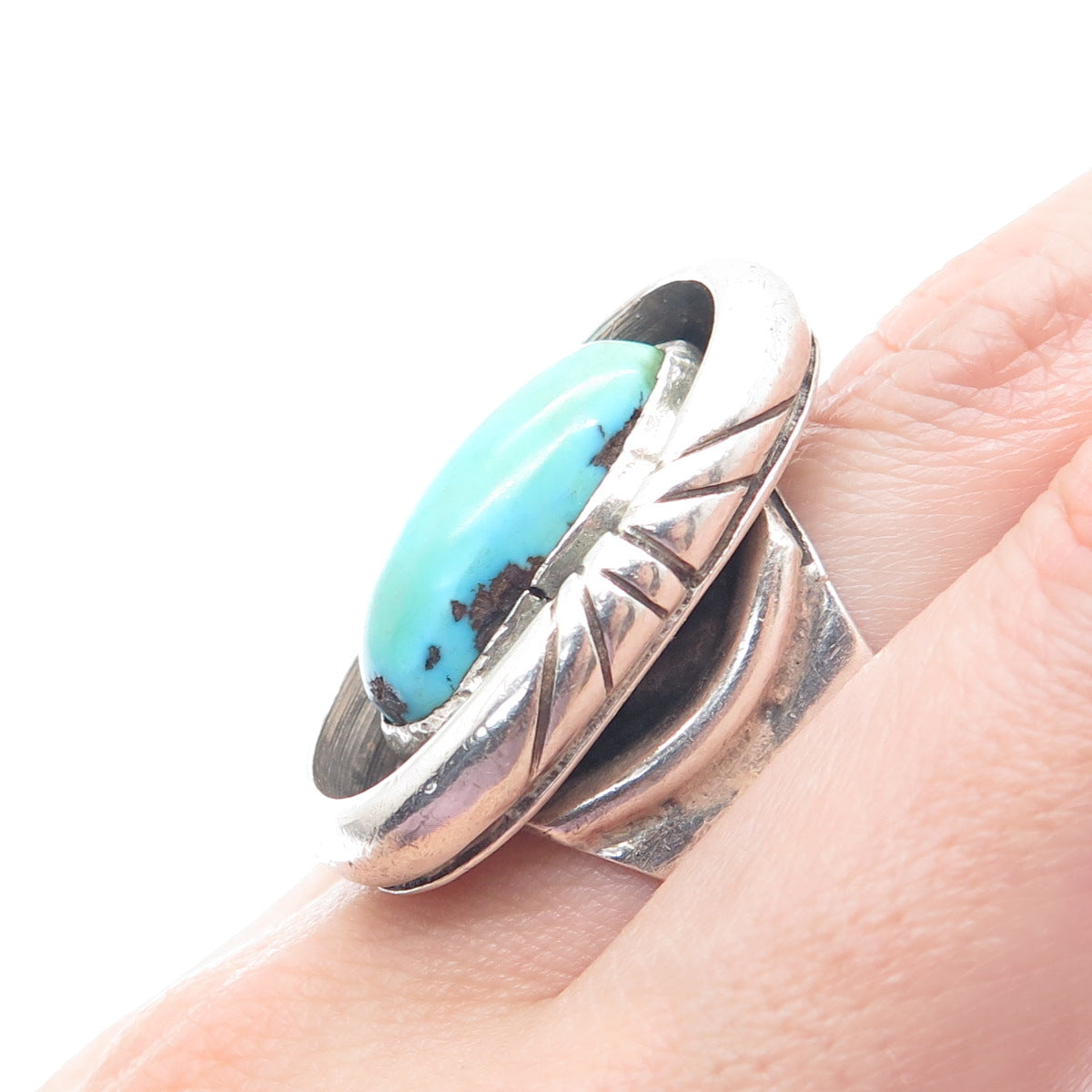 Old Pawn 925 Sterling Silver Vintage Lone Mountain Turquoise Tribal Ring Size 11