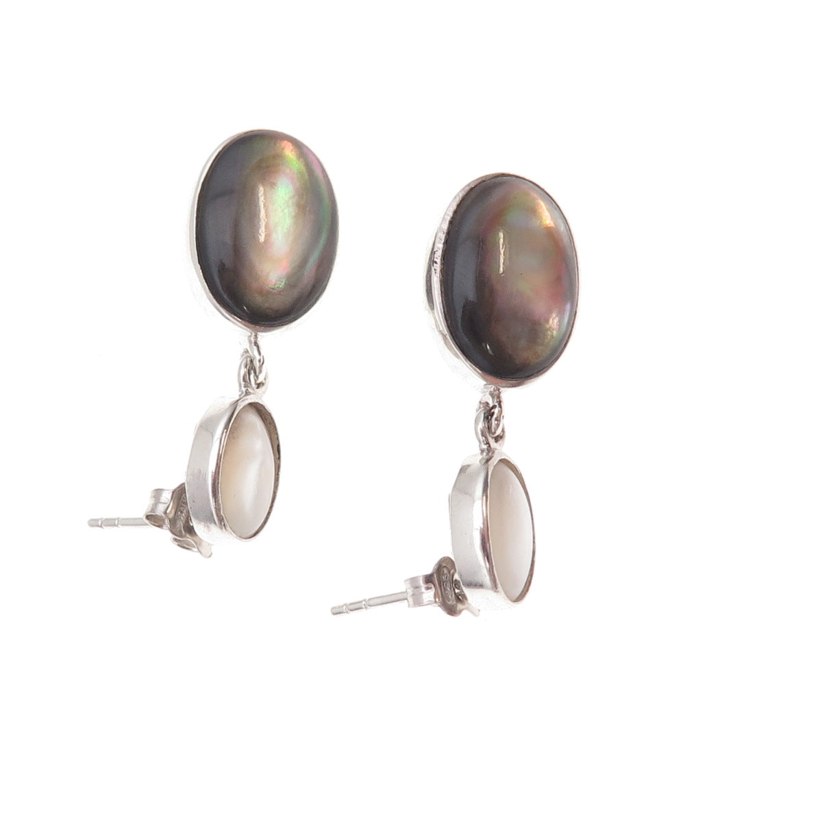 925 Sterling Silver Vintage Real MOP & Abalone Shell Dangle Earrings