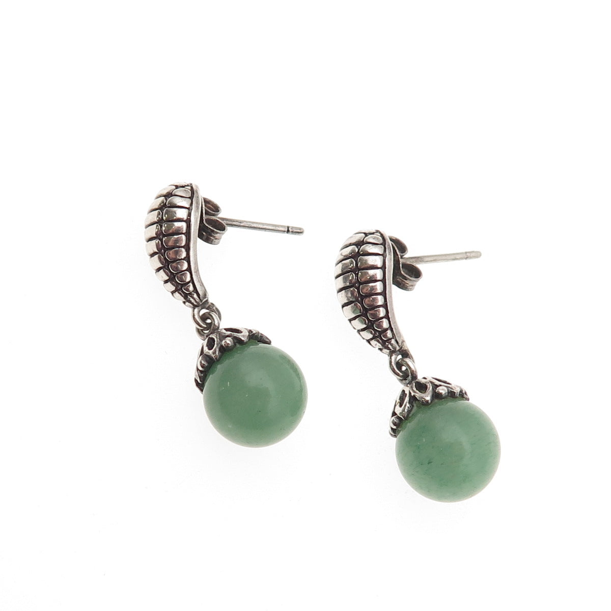 925 Sterling Silver Vintage Real Aventurine Modernist Ball Bead Dangle Earrings