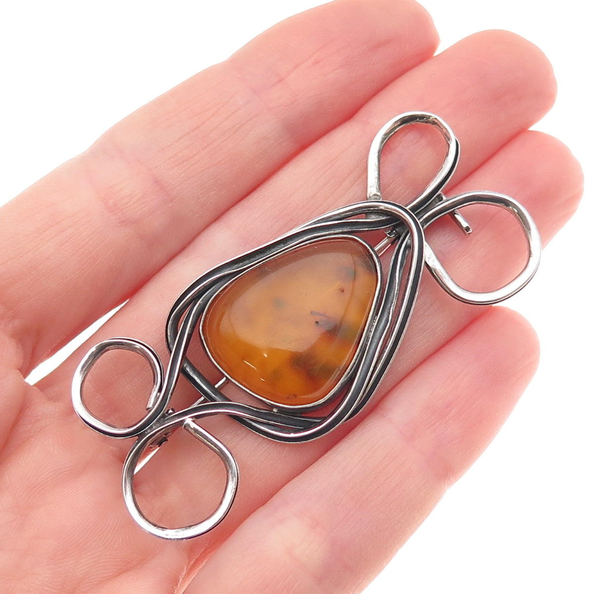 925 Sterling Silver Vintage AK Poland Real Amber Modernist Oxidized Pin Brooch