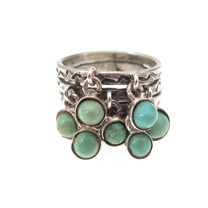 Old Pawn Sterling Silver Vintage Turquoise Cha Cha Charm Tribal Ring Size 7.25