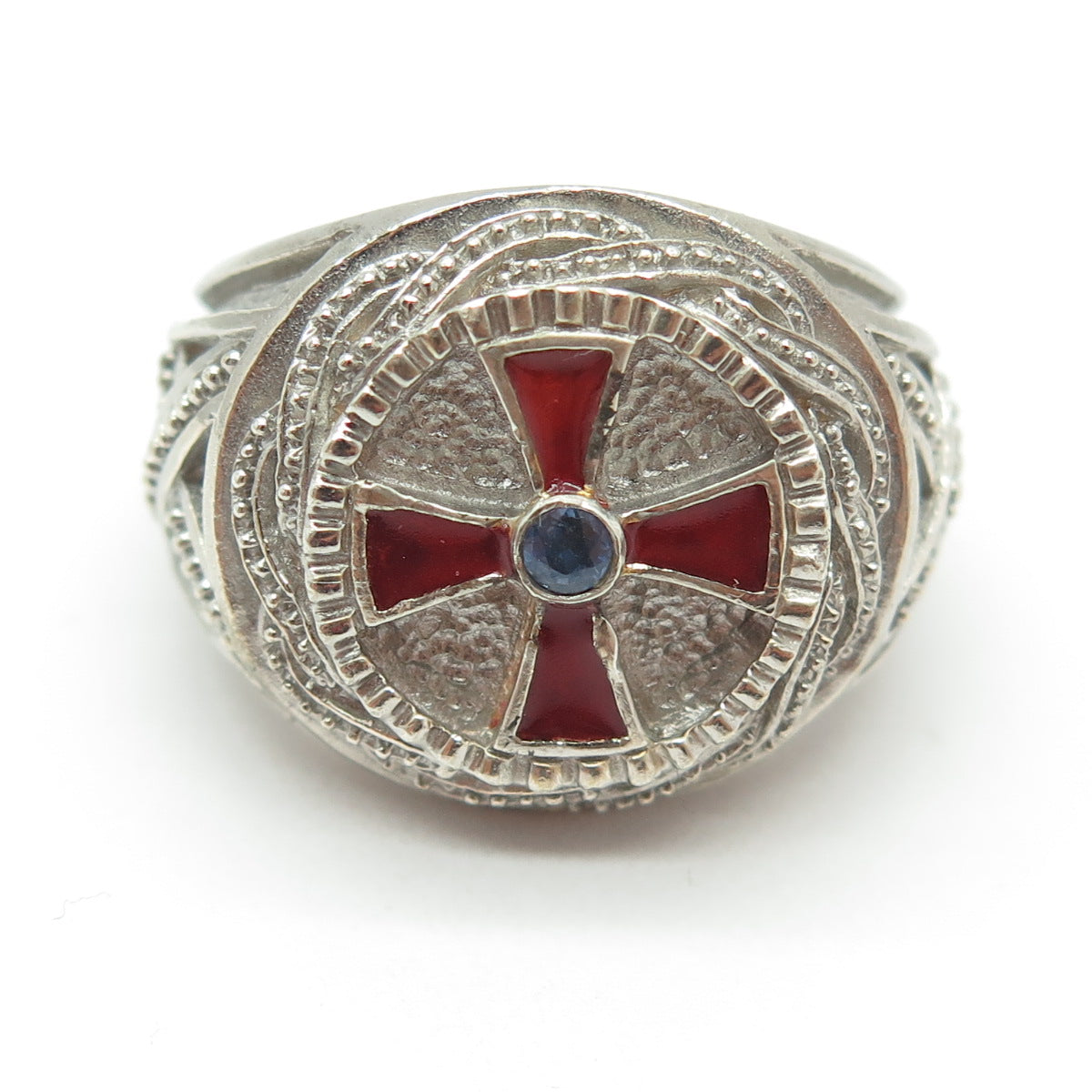 925 Sterling Silver Vintage Enamel Real Sapphire Red Cross Ring Size 10.25