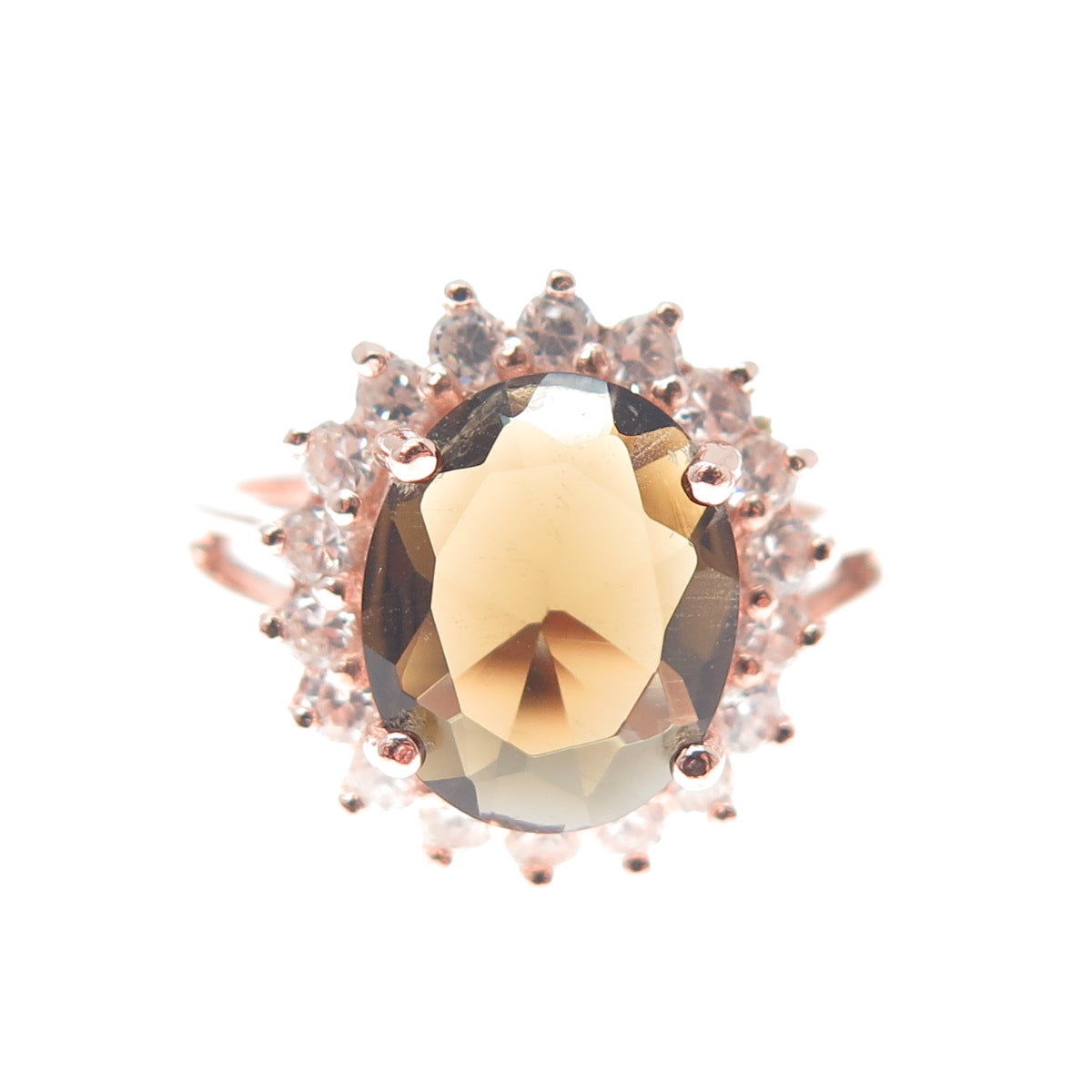 925 Sterling Silver Rose Gold Plated Real Smoky Quartz & C Z Ring Size 7.5