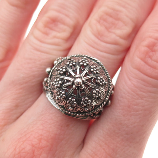 925 Sterling Vintage Israel Floral Filigree Adjustable Dome Ring Size 6.75