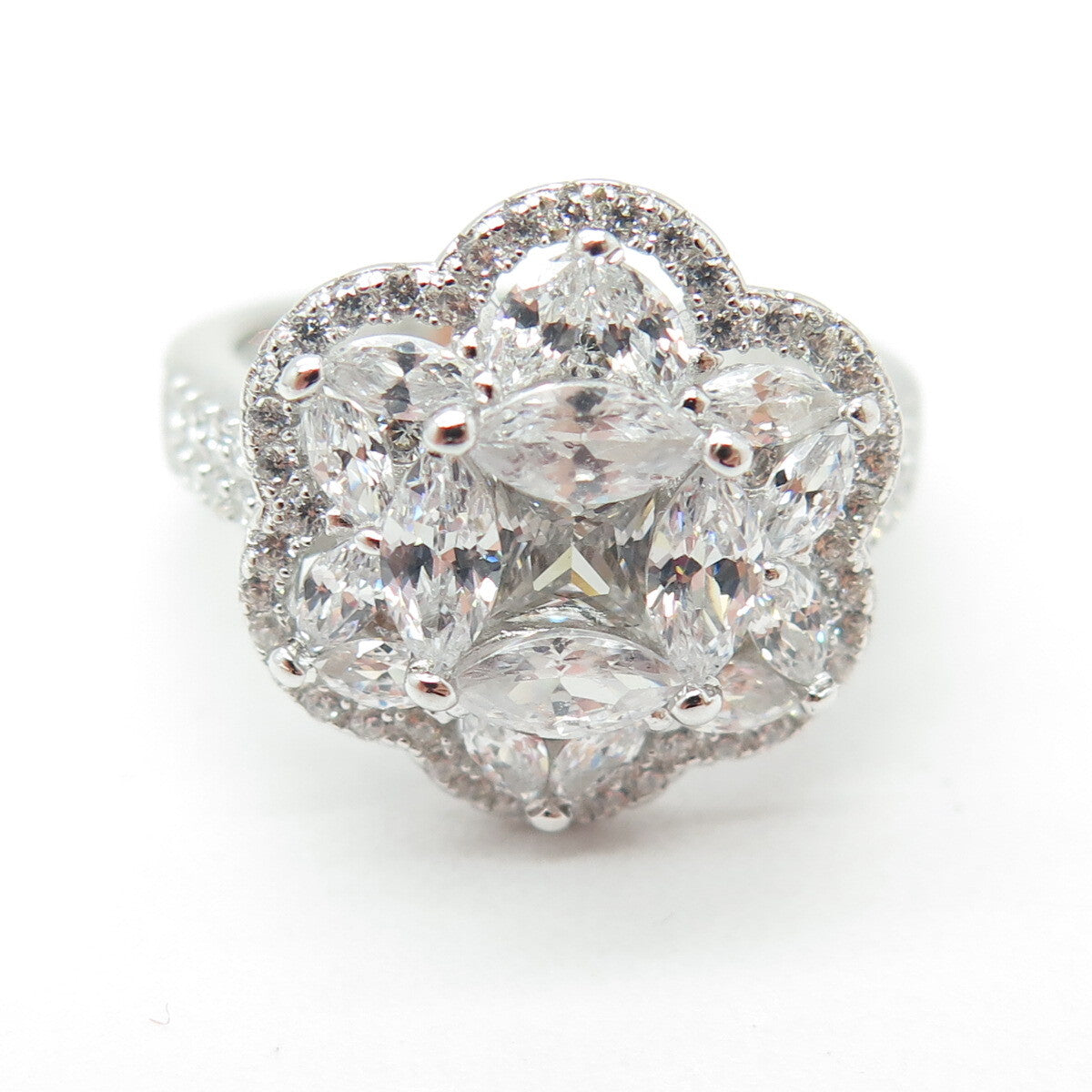 925 Sterling Silver Multi-Cut C Z Floral Ring Size 8.5