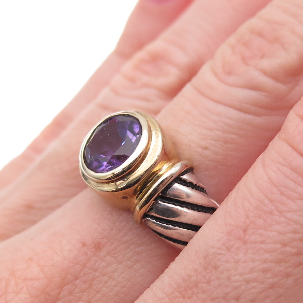 Chateau D’Argent 925 Sterling Silver 2-Tone Vintage Real Amethyst Ring Size 7
