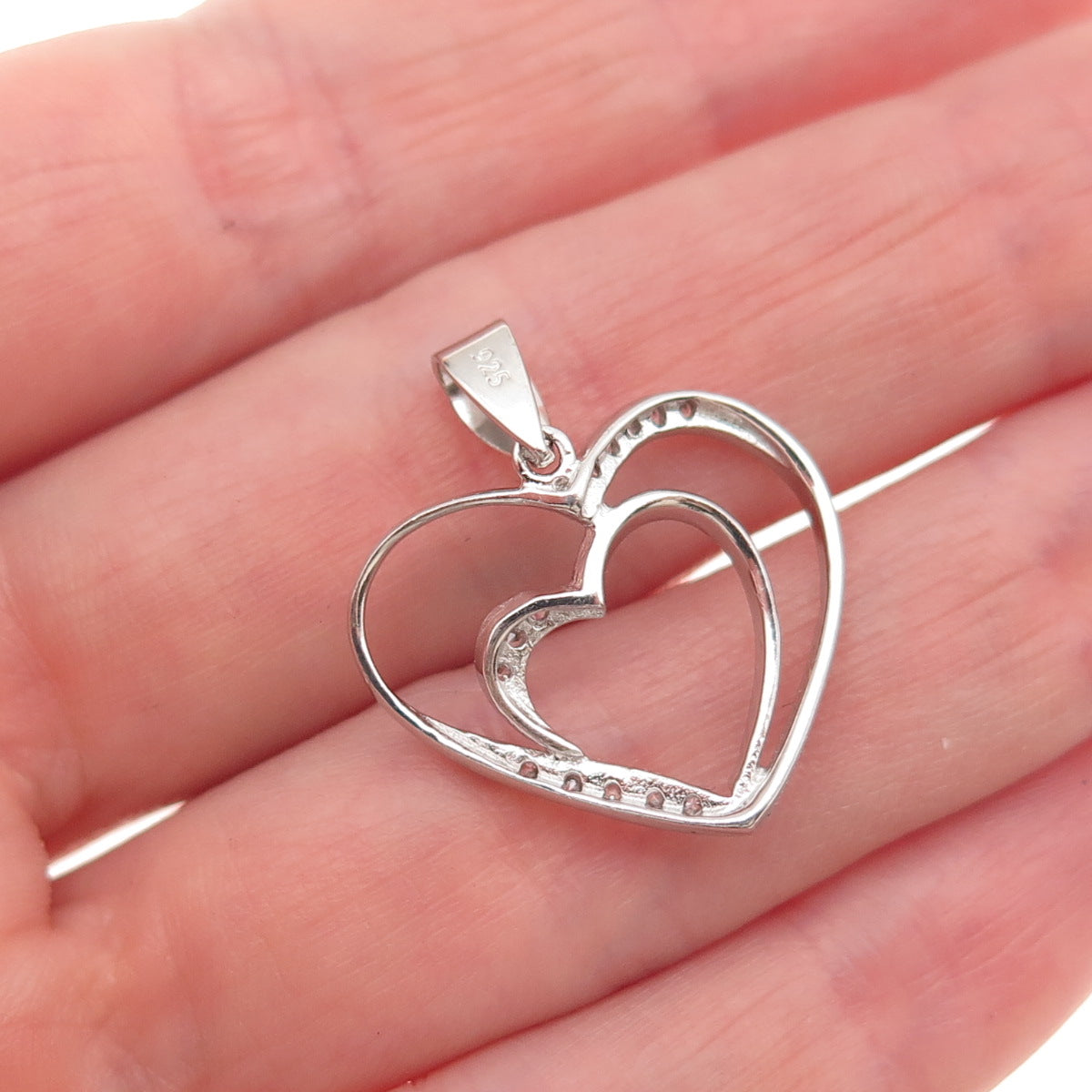 925 Sterling Silver Round-Cut C Z Double Heart Mini Charm Pendant