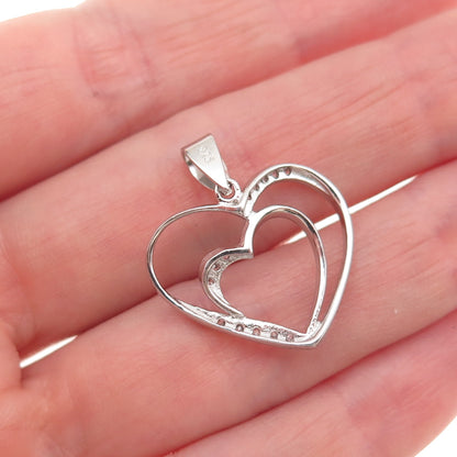 925 Sterling Silver Round-Cut C Z Double Heart Mini Charm Pendant