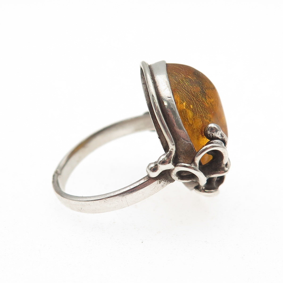 925 Sterling Silver Vintage JP Poland Real Amber Modernist Ring Size 4.75