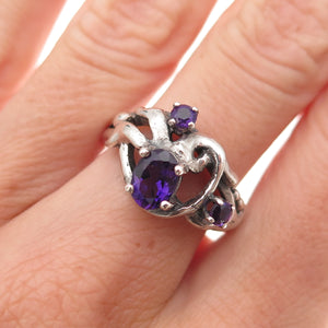 925 Sterling Silver Vintage Real Amethyst Modernist Oxidized Ring Size 7.75