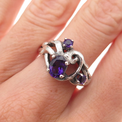 925 Sterling Silver Vintage Real Amethyst Modernist Oxidized Ring Size 7.75