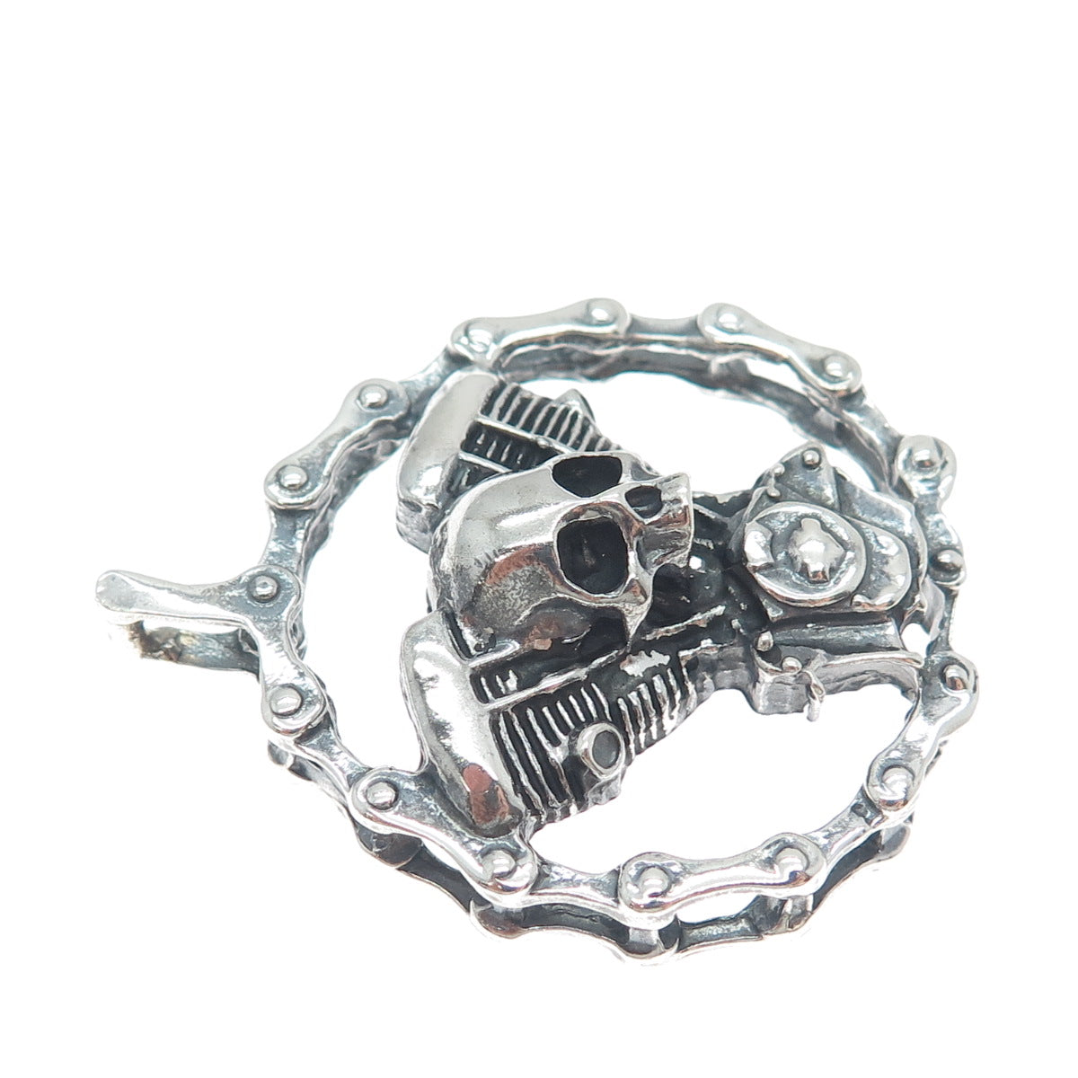 925 Sterling Silver Vintage Skull Biker Oxidized Pendant