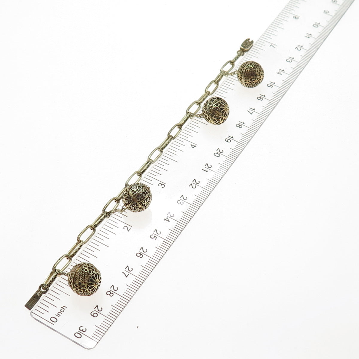 925 Sterling Gold Plated Antique China Filigree Ball Oval Link Bracelet 5.75"