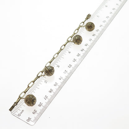 925 Sterling Gold Plated Antique China Filigree Ball Oval Link Bracelet 5.75"