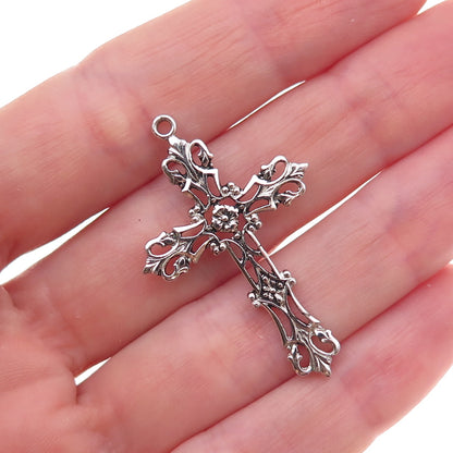 Marvel 925 Sterling Silver Vintage Fleur de Lis Floral Cross Charm Pendant