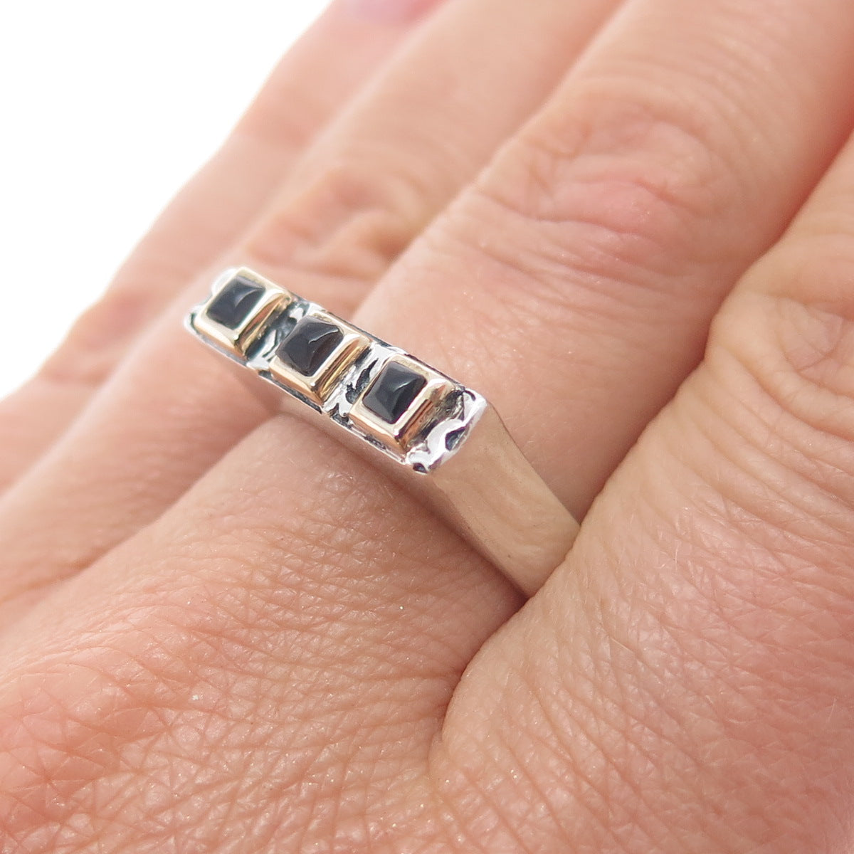 925 Sterling Silver 14K Gold Vintage Real Black Onyx Modernist Ring Size 8