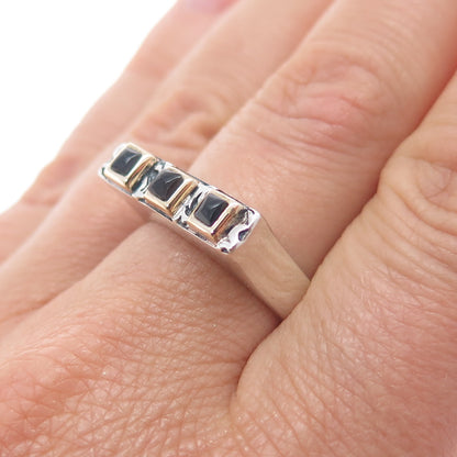 925 Sterling Silver 14K Gold Vintage Real Black Onyx Modernist Ring Size 8