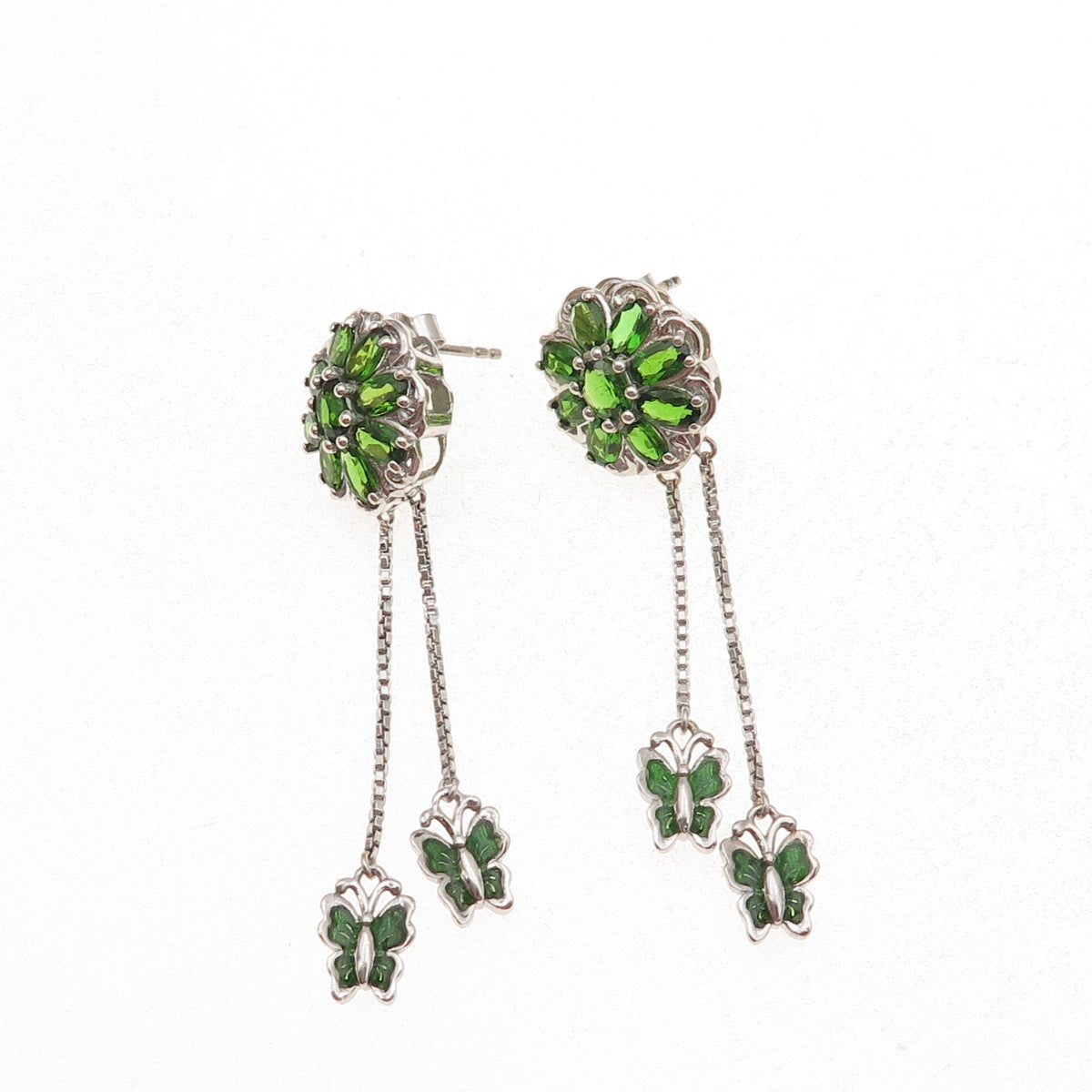 Chuck Clemency 925 Sterling Silver Enamel Real Peridot Butterfly Dangle Earrings
