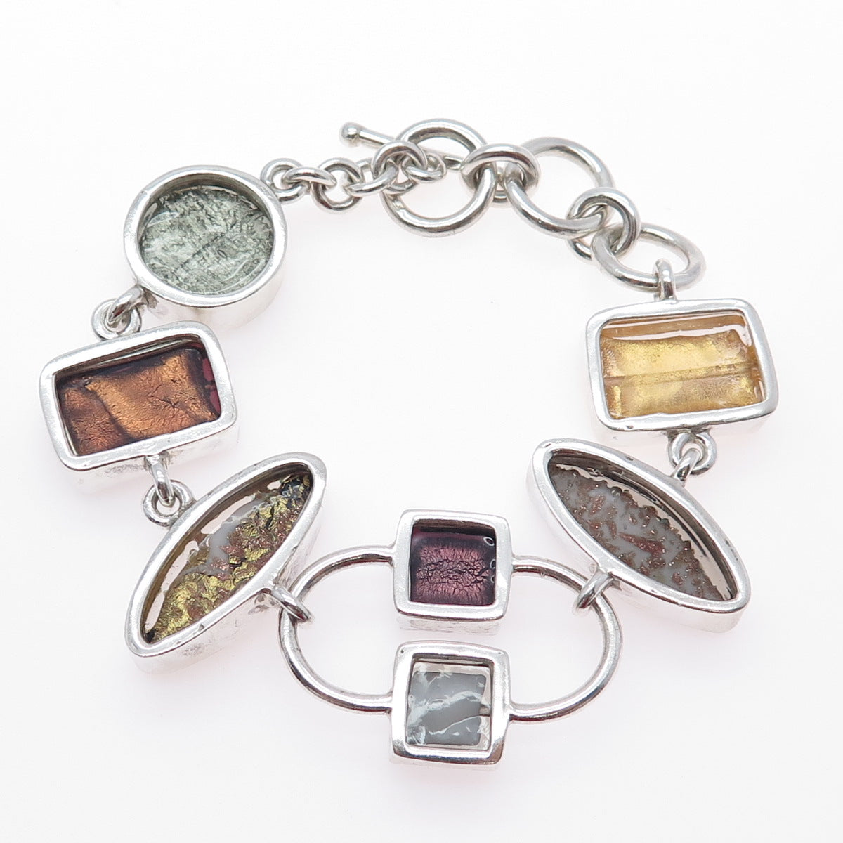 925 Sterling Silver Vintage Dichroic Glass Modernist Heavy 66.3g Bracelet 7-7.5"