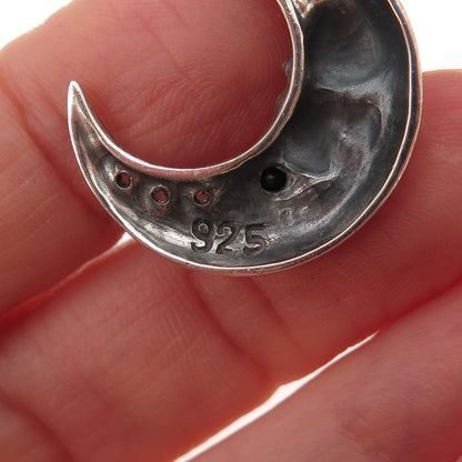 925 Sterling Silver Vintage Real Black Spinel & C Z Skull Crescent Biker Pendant