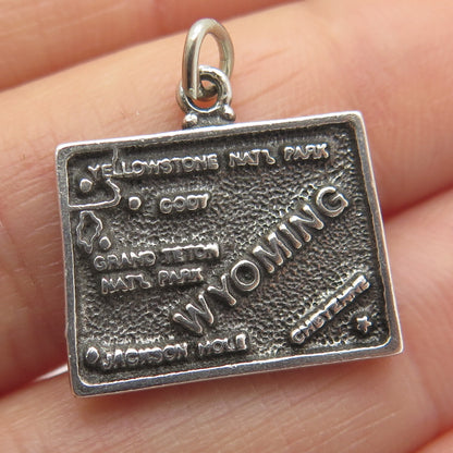 925 Sterling Silver Vintage Wyoming State Map Minimalist Oxidized Charm Pendant