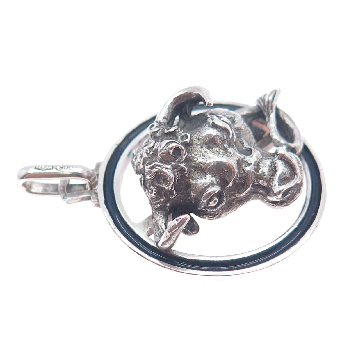 800 Silver Antique Art Deco Italy Enamel Taurus Zodiac Oxidized Charm Pendant