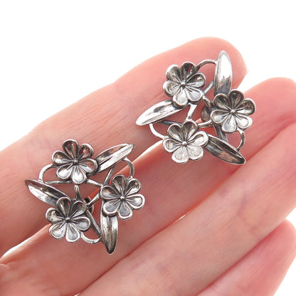 BEAU 925 Sterling Silver Antique Art Deco Flower Oxidized Screw Back Earrings