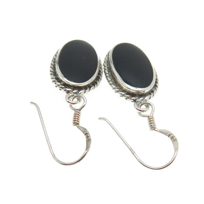 925 Sterling Silver Vintage Real Black Onyx Roped Dangling Earrings