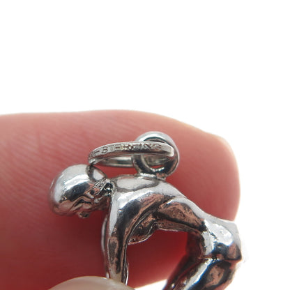 SPENCER 925 Sterling Silver Antique Art Deco Diver Minimalist 3D Charm Pendant