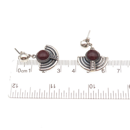 925 Sterling Silver Vintage Real Carnelian Modernist Oxidized Dangle Earrings
