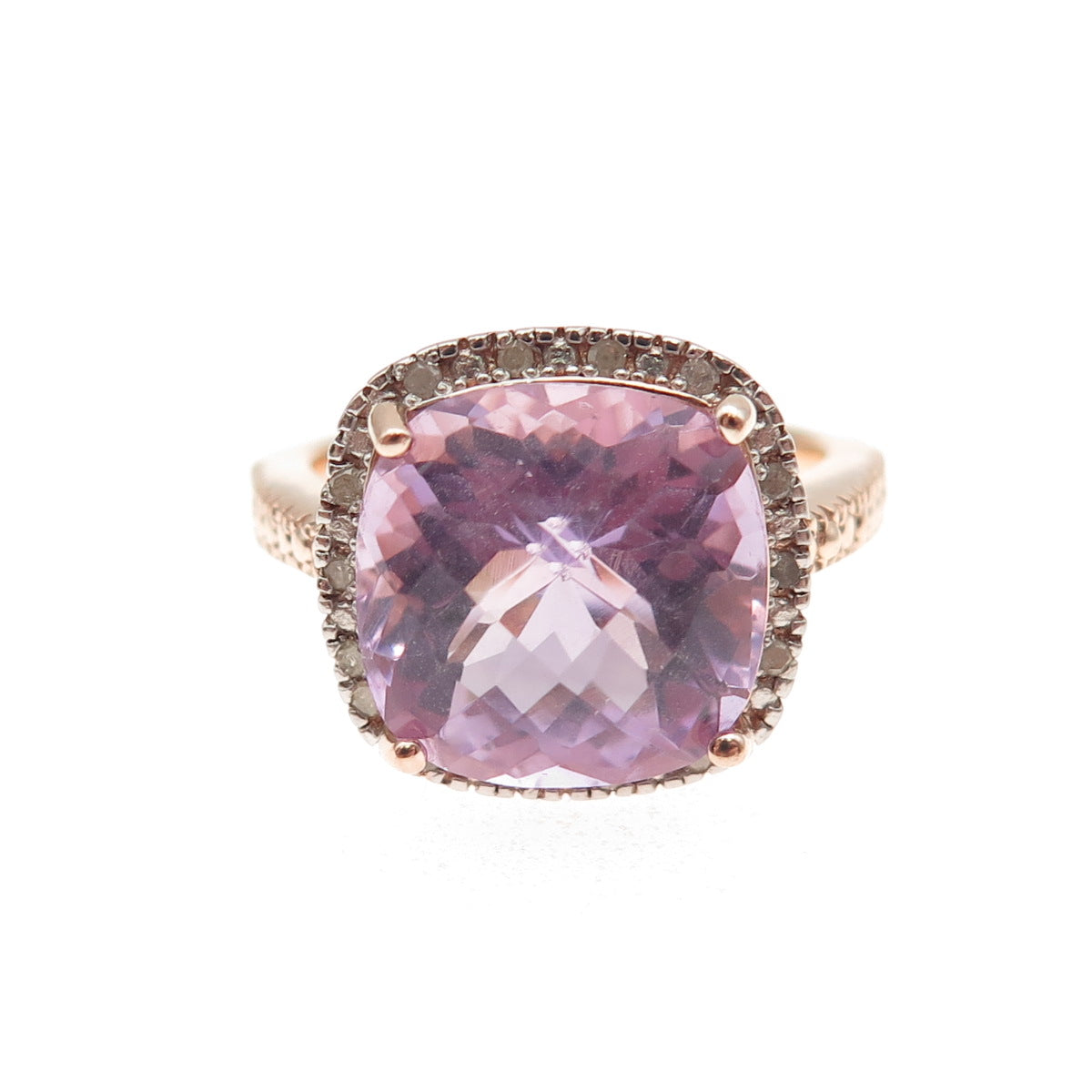 925 Sterling Silver Rose Gold Plated Real Diamond & Amethyst Ring Size 8