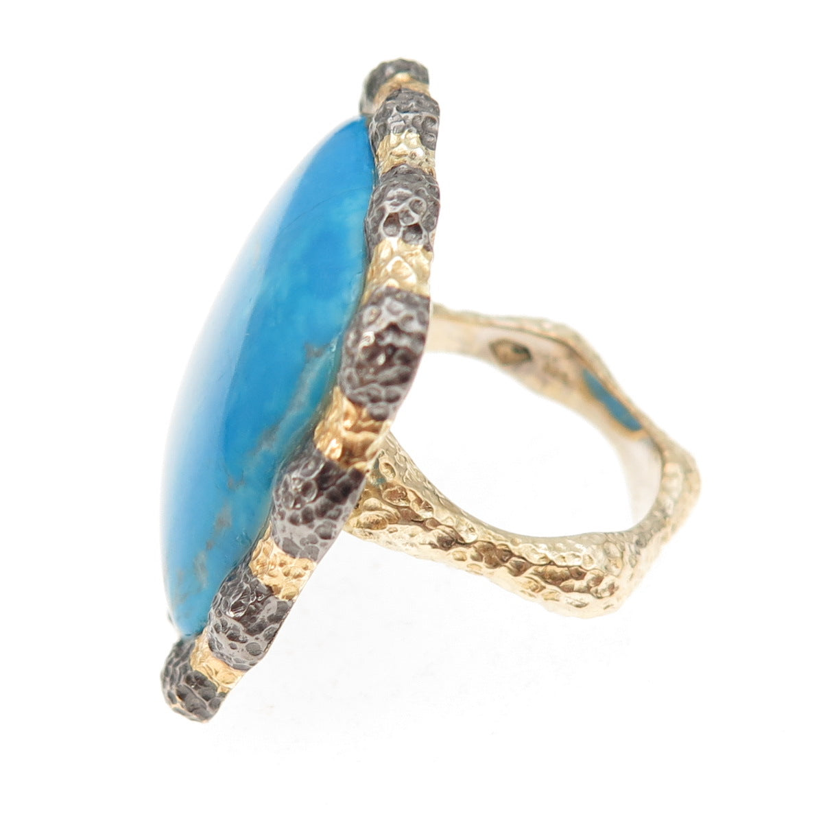 925 Sterling Silver Gold Plated Black Rhodium Vintage Turquoise Ring Size 7.25