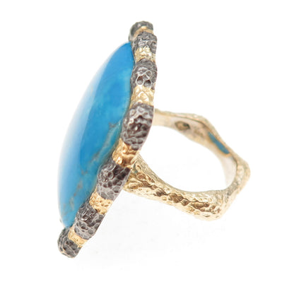 925 Sterling Silver Gold Plated Black Rhodium Vintage Turquoise Ring Size 7.25