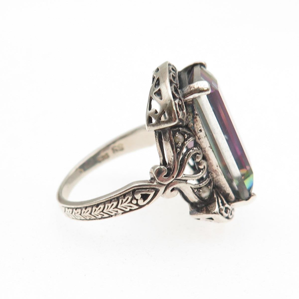 925 Sterling Silver Vintage Real Mystic Quartz & Pearl Oxidized Ring Size 5.75