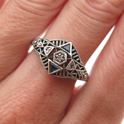 925 Sterling Silver Vintage Real Diamond & Sapphire Oxidized Ring Size 8.25