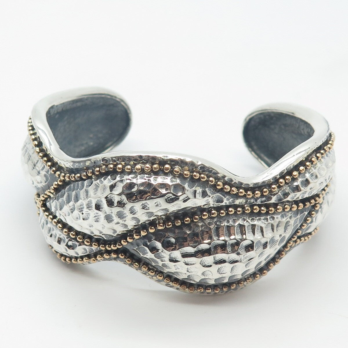 925 Sterling Silver 2-Tone Vintage Haggai Hammered Adjustable Cuff Bracelet 7"